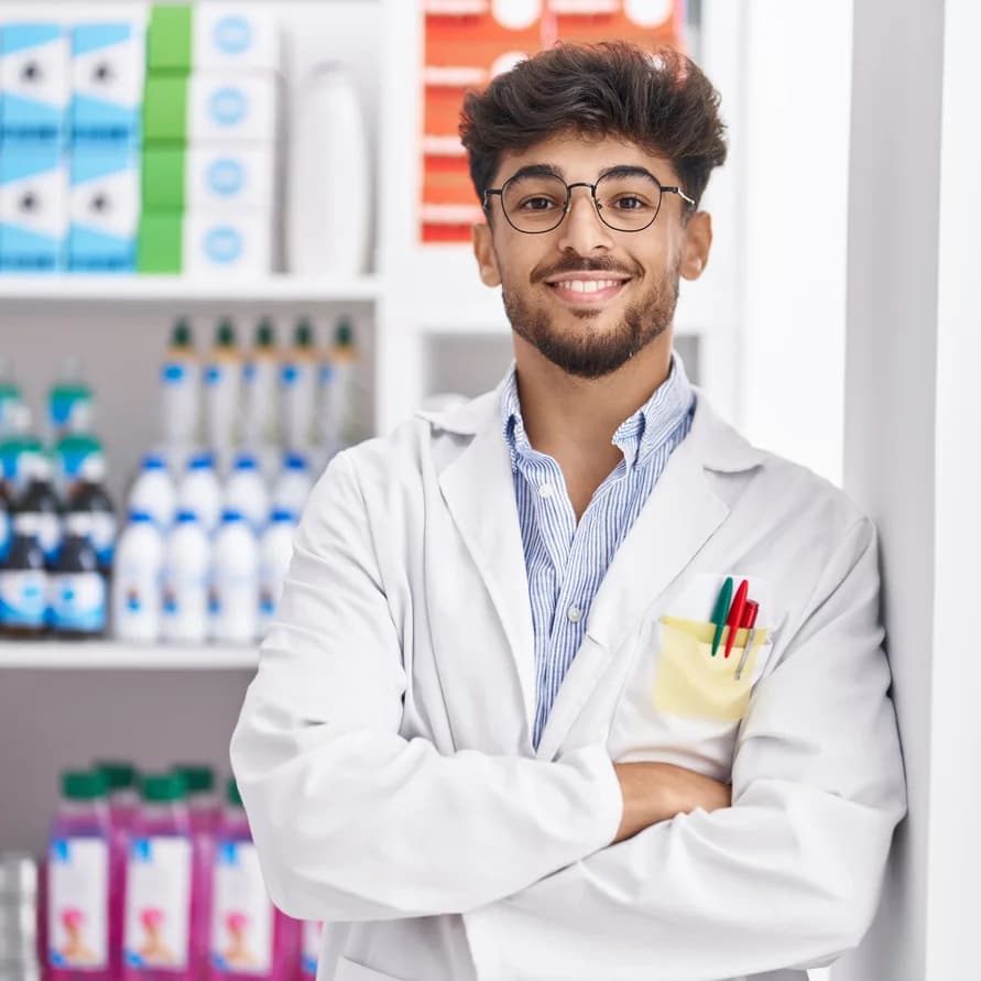 Pharmacist at Midsomer Pharmacy reviewing options on a tablet