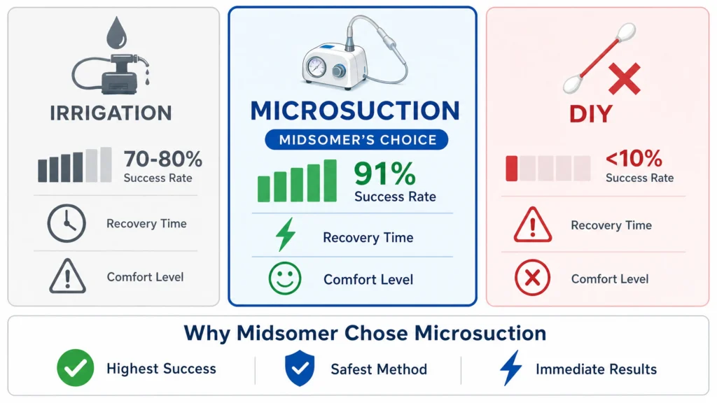 Microsuction vs water irrigation comparison infographic